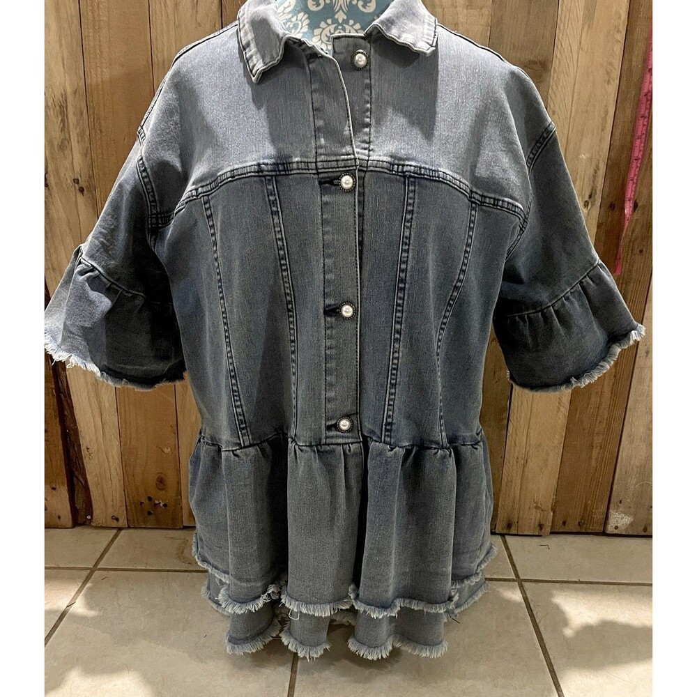 The ZigZag Stripe Jacket Size 2XL Blue Denim Collared Bead Buttons Ruffled